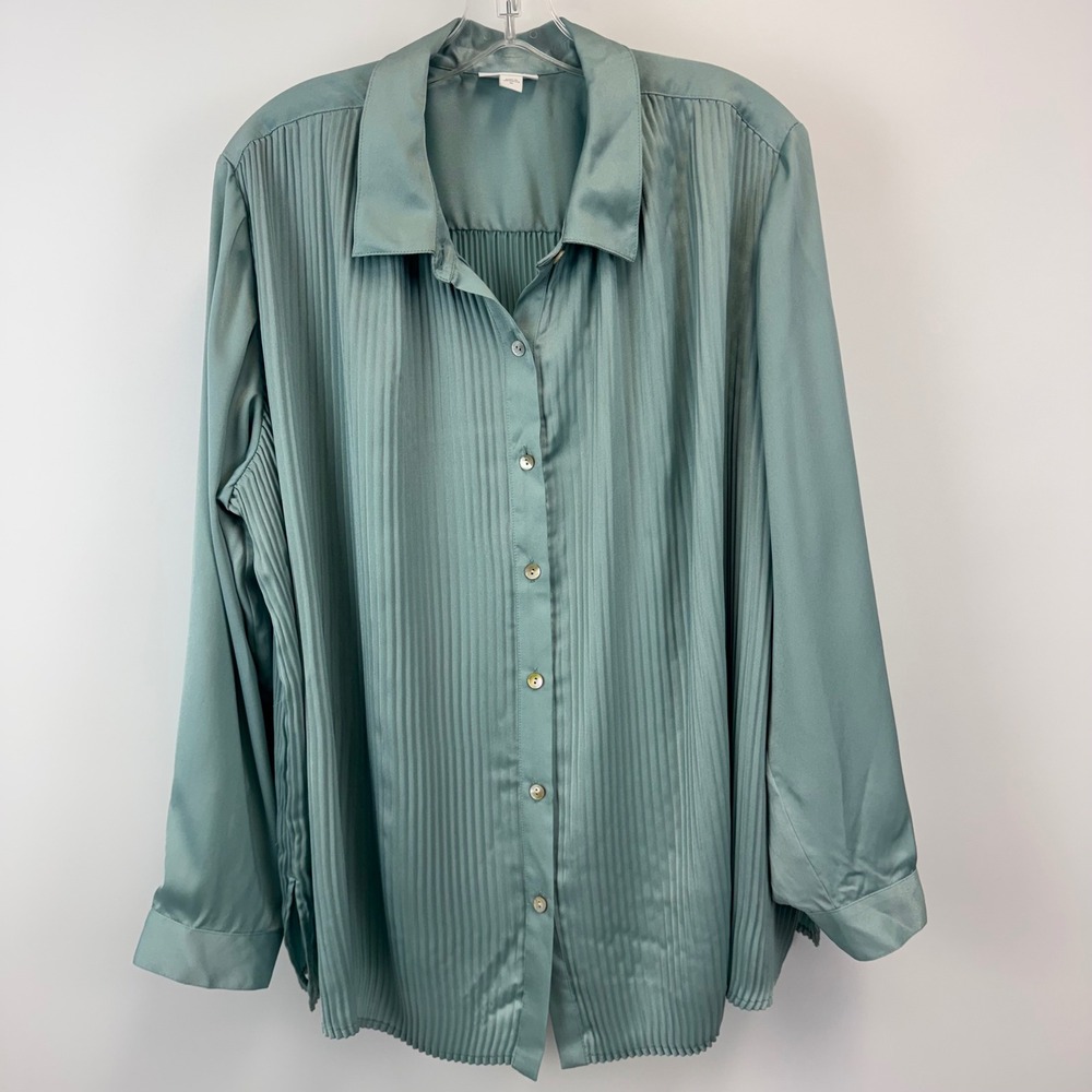 J. Jill Women XL Sage‎ Green Pleated Satin Button Down Blouse Long Sleeve Shirt